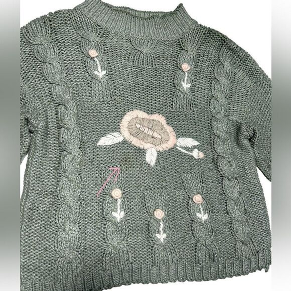 Vintage Shenanigans Knitted by Hand Made Blue Green Knitted Sweater Pink Flowers - Picture 4 of 9